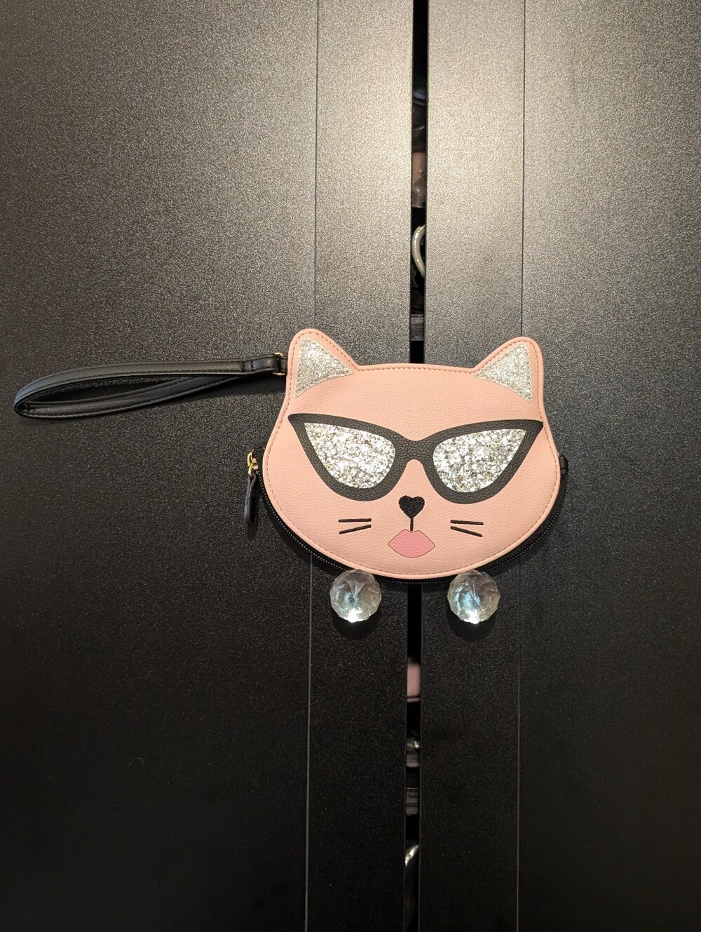 Betsy Johnson Pink Cat Face Wristlet Pouch with Glitter Sunglasses - Picture 2 of 7